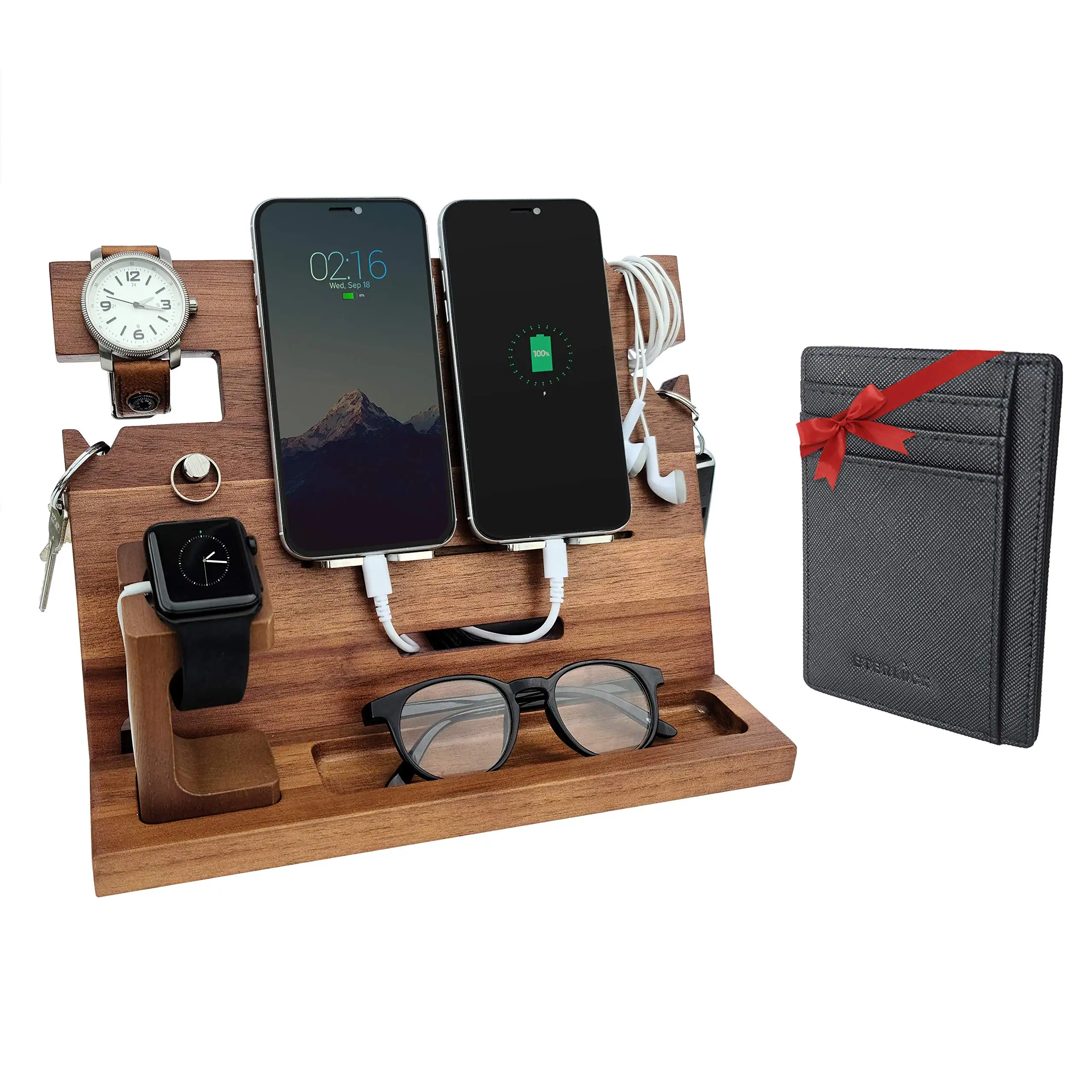 Wooden Docking Station Men, Nightstand Organizer Bundle Blocking Leather Wallet Charging Station Cell Phone Stand