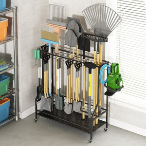 Garage <b>garden</b> tool organizer, multi-functional storage rack with <b>hooks</b>, metal patio tool rack organizer. - Product Image 1