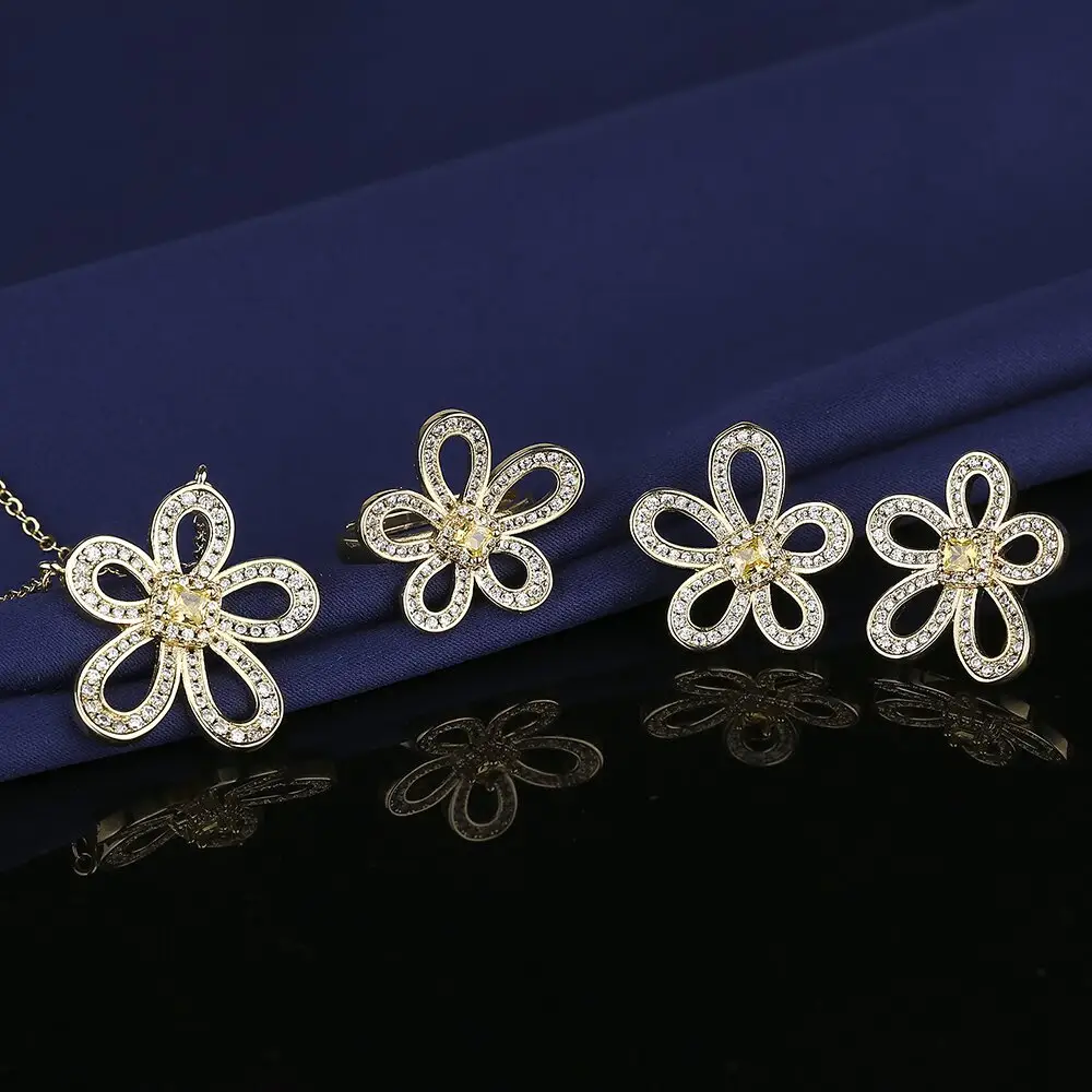 Sıcak satış gelin düğün takısı 18k altın kaplama beş Petal çiçek zirkon yüzük kolye küpe 3 adet çiçek takı seti kadın