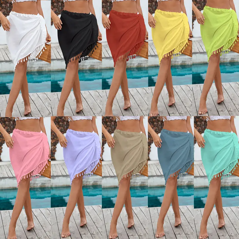 Frauen Mode Quaste Short Sarong Badeanzug Wickel Bikini Chiffon Beach Cover Ups Kleid Bade bekleidung