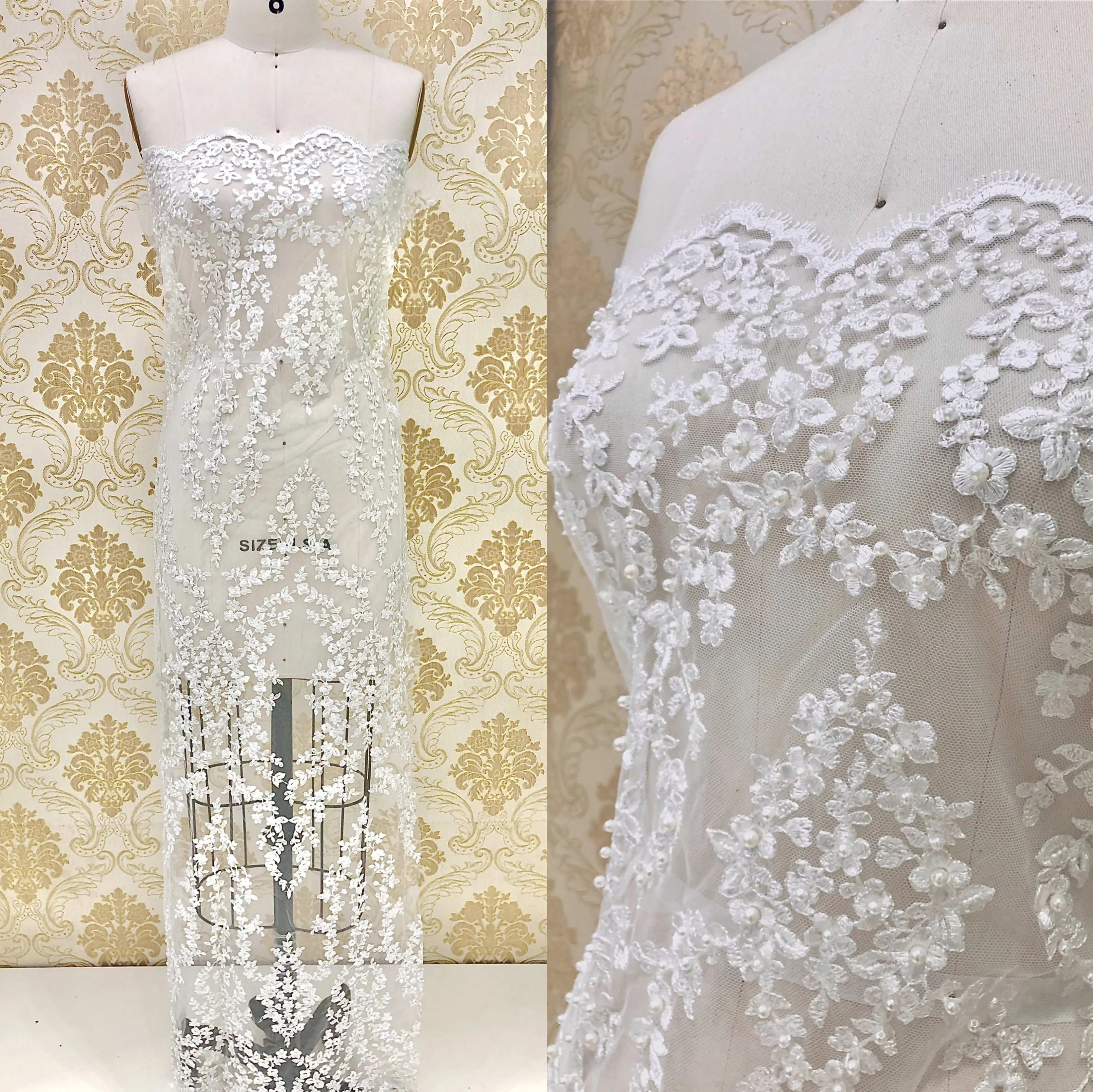 Encaje bordado de flores con cuentas de perlas y lentejuelas para vestidos de novia, elegante diseño, listo para el envío en STOCK