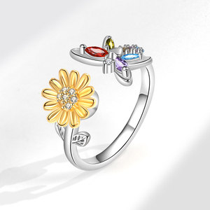 Anillo giratorio ajustable con diseño de girasol para mujer, chapado en oro, cobre, circonita colorida con corte marquesa, joyería de mariposa para la ansiedad - Product Image 6