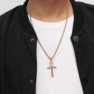 Collar con Colgante de Cruz Ankh de Acero Inoxidable, Cadena de Eslabones Dorada, Plateada y Negra, Símbolo Egipcio, Joyería Unisex Estilo Hip Hop - Product Image 6