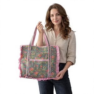 Bolsa de Mano de Lujo de Algodón con Volantes, Hecha a Mano, con Estampado de Bloques, Acolchada, para Compras, Oficina, Supermercado, Playa, Viajes, Reutilizable - Product Image 1