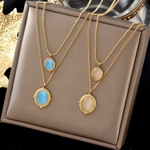 2025 acier inoxydable pierre naturelle forme de goutte Turquoise cristal <span class=keywords><strong>Rose</strong></span> Quartz breloques femmes bijoux pendentif collier - Product Image 1