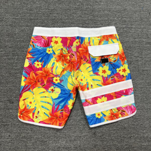 Shorts de bain pour hommes à motif floral, séchage rapide, avec cordon de serrage et bande latérale, tenue de plage décontractée, longueur courte, taille mi-haute - Product Image 4