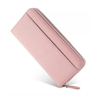 Dompet Panjang Wanita Kulit Sapi Asli Minimalis Bertekstur, Lapisan Pertama, Resleting, Anti RFID, Kapasitas Besar