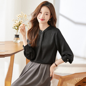 French Style Women's Chiffon Blouse White Black Solid Color Stand Collar Loose Fit Everyday Shirt Q105 - Product Image 4