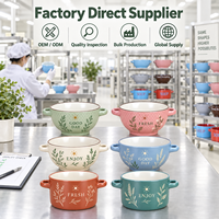 Bol à soupe en céramique style ferme à double poignée, imprimé floral, pour flocons d'avoine et salades, motif et couleur personnalisés, boîte cadeau, OEM ODM, vente en gros