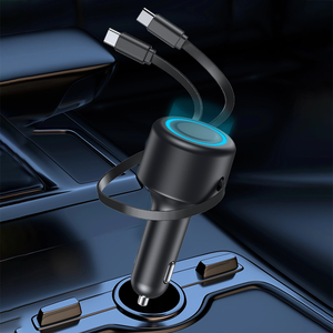 oem logo 2in1 super fast charging car charger 12 24v output <b>type</b> <b>c</b> car <b>adapters</b> dual retractable usb-<b>c</b> cable car charger - Product Image 5