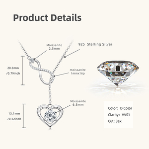 925 스털링 실버 14K 골드 도금 러브 인피니티 참 네크리스 6.5mm/2.5mm/1mm VVS1 클래리티 모이사나이트 하트 펜던트 세번째 - Product Image 5