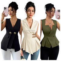 Rompi Wanita Ukuran Besar Tanpa Lengan Grosir, Kancing Kerah, Elegan untuk Kantor, Kemeja Wanita Slim Fit