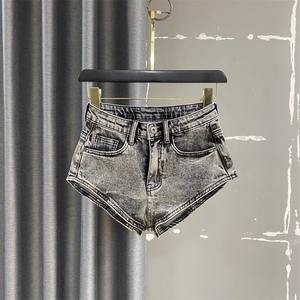 Viviblook Z0121PT01 Short en jean pour femme, taille haute irrégulière, élastique, style streetwear, coupe trapèze, mini-short - Product Image 3