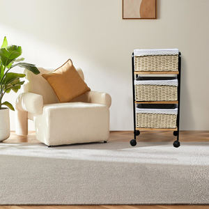 Chariot à roulettes en bois de bambou avec boîte de rangement en rotin pour salon, salle de bain, cuisine - Product Image 3