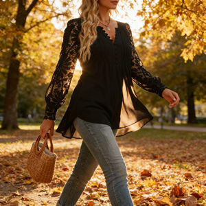 Haut décontracté de bureau pour femme, élégant, mi-long, à manches en dentelle crochetée, avec un col en V doux, haut long - Product Image 2