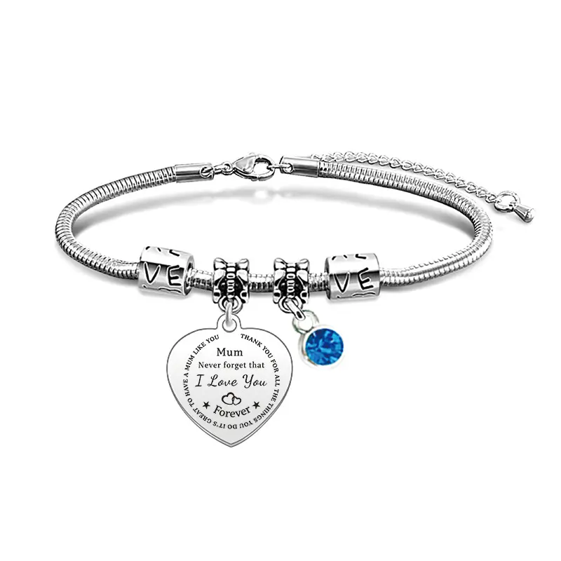 Ywganggu Fashion Customized Stainless Steel Heart Pendant Bracelets With Rhinestone For Engraving Mother's Day Gift Bracelet