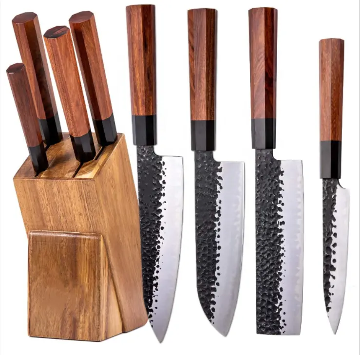 Asiakey conjunto de facas de chef, profissional pesado de gyuto, 5 peças de cavidade, corte de carne japonês, conjunto de facas de cozinha com suporte