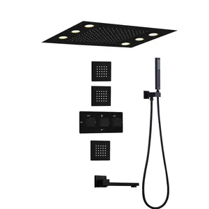 Luxury Black Concealed 50X36 CM Rain LED Shower Head Bathroom Hot and Cold Water Mixing Valve With LED Control Remote Panel