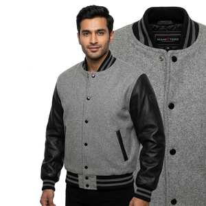 <b>High</b> Street Men's <b>Top</b> Selling Formal Baseball Varsity Jacket Stand Custom Embroidery Logo Winter Essential <b>Leather</b> Sleeves - Product Image 1