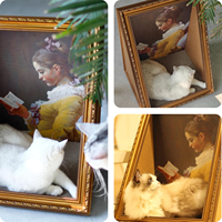 Peinture à l'huile double face moderne de chat célèbre, griffoir pour chat en forme de maison, cadre en bois, style vintage