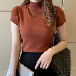 Suéter de Malha Feminino Estilo Coreano com Gola Alta e Manga Curta, Novo, Elegante, Fino e Modelador, Blusa Base Curta para o Verão - Product Image 3