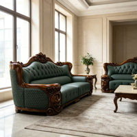 Meubles de salon de style villa classique, canapé en cuir capitonné vert foncé, cadre en fibre de verre sculpté, tables basses en marbre