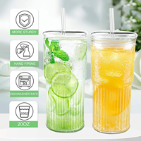 Gobelet en verre borosilicate martelé 460 ml réutilisable moderne, compatible lave-vaisselle et micro-ondes, avec couvercle et paille, pour café, thé, eau
