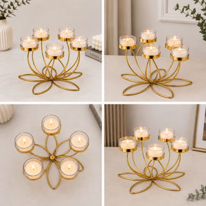 Portavelas Votivo de Cristal con 5 Luces, Diseño Loto Dorado, Calidad Premium – Centro de Mesa Moderno de Metal para Hogar, Mesa de Comedor y Decoración de Bodas - Product Image 4