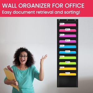 Organisateur de dossiers suspendus à 10 poches, rangement mural noir pour bureau et maison avec 3 supports en acier inoxydable - Product Image 5