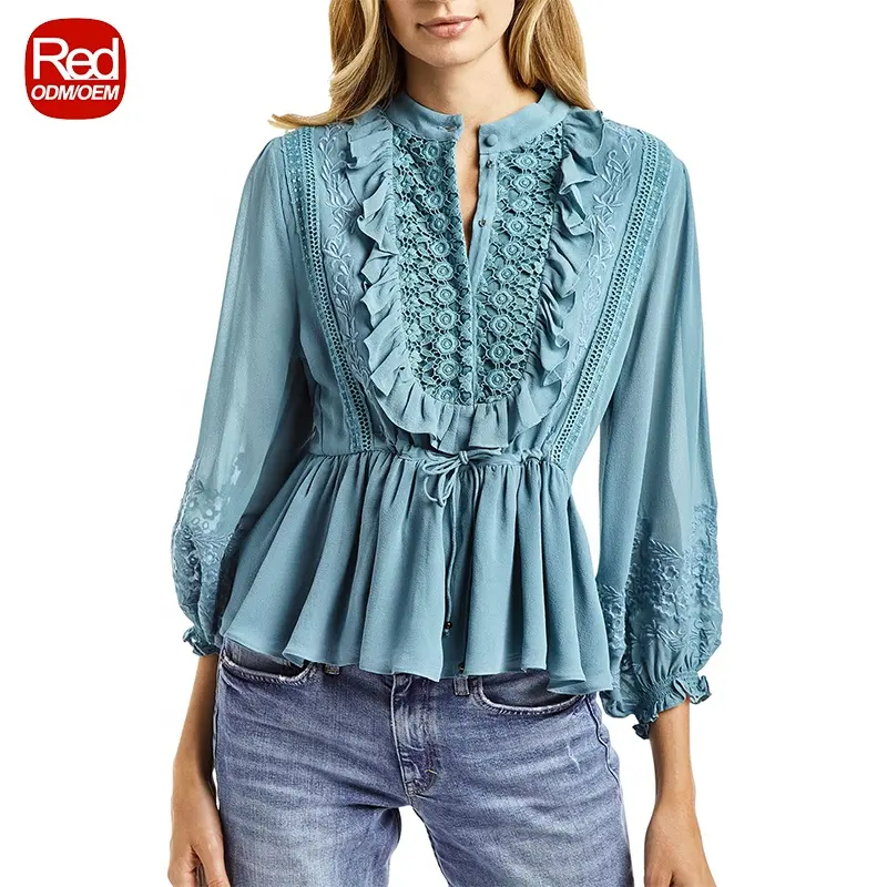 2023 Spring Fashion Blouse Women Elegant Embroidered Floral Top Long Sleeve Shirt Ruffle Blouse Chiffon Blouse For Women