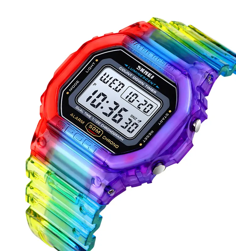 Skmei 1622 Transparent Digital Ladies Chronograph Electronic Analog Watch Colorful Outdoor Waterproof Clock Kids Own Logo Watch