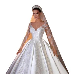 Vestidos de Novia Elegantes Personalizados de Satén con Mangas Largas de Ilusión y Apliques de Cuentas para Mujer - Product Image 5