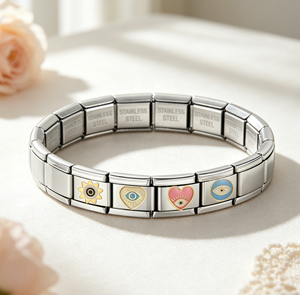 Stainless Steel Italian Charm <b>Bracelet</b> with Eye & Heart Enamel Charms <b>Stretch</b> Link Platinum Plated Unisex DIY Jewelry - Product Image 2