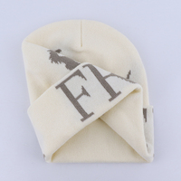 Fabricant BSCI, vente en gros, bonnet d'hiver chaud beige unisexe, 100% acrylique, bonnet tricoté personnalisé, logo jacquard, bonnet à revers personnalisé