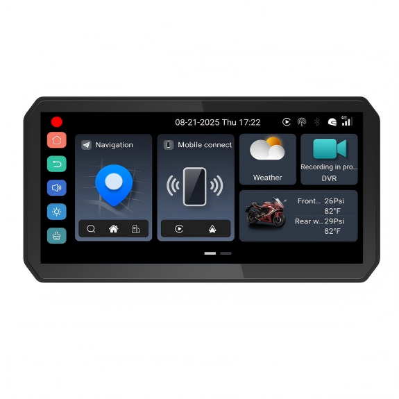 6'' IPS Touchscreen Motorcycle DVR 1080P 2CHs 4G LTE Dashcam with Sony Sensor Wireless Carplay TPMS 4+64G IP67 Waterproof