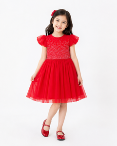 Elegant Girls' <b>Sequin</b> Party Dress with Soft Layered Tulle <b>Skirt</b> and Flutter Sleeves for Birthdays and Weddings - Product Image 5