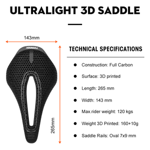 Asiento de Bicicleta TOSEEK de Carbono de Alto Módulo Impreso en 3D con Rieles de 7x9 mm, Resina de Alta Elasticidad y Diseño Anatómico para Carretera y Montaña - Product Image 3