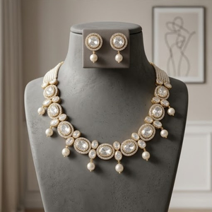Luxury Gold 925 <b>Silver</b> Crystal Pearl <b>Choker</b> Necklace with Matching Earrings for Wedding Party Wear Women - Product Image 4
