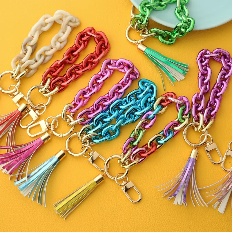 Chaîne à maillons en acrylique, porte-clés de couleur vive pour femmes, Bracelet, gland, pendentif, porte-clés, accessoires de bijoux