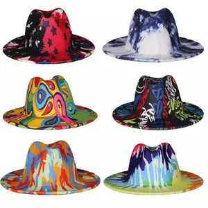 Sombreros de fiesta de Jazz Unisex, sombreros de lana de fieltro Panamá, estampado de patrón de payaso, Trilby Tie Dye, sombrero Fedora de ala ancha