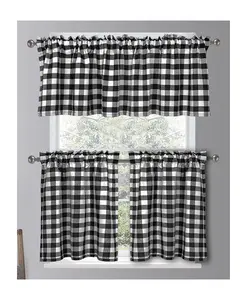 3pcs短厨房窗帘涤纶和棉棒Pockett厨房窗帘黑色方格窗帘产品