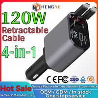 Câble rétractable 4 en 1 120W, double port de charge, charge rapide automatique, compatible avec les téléphones mobiles, adaptateur de chargeur de voiture à charge rapide