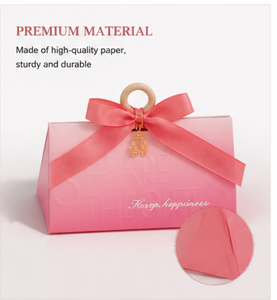 Custom <b>Pink</b> Paper <b>Gift</b> <b>Box</b> with Wooden Ring Handle Satin Ribbon Bow Foldable Packaging for Candy and Wedding Favor Wholesale - Product Image 6