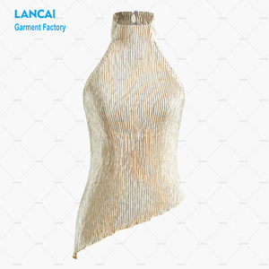 Haut et <span class=keywords><strong>pantalon</strong></span> asymétrique en satin <span class=keywords><strong>de</strong></span> soie à taille haute et à encolure dos nu pour femmes <span class=keywords><strong>Ensemble</strong></span> deux pièces Style élégant pour femmes - Product Image 3