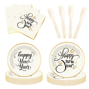 DAMAI New Years Eve Party Supplies Happy New Year Tableware Set <b>Disposable</b> Paper Plates Paper Cup Napkins and Wooden Cutlery - Product Image 4