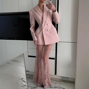 J6918 Set Elegante da Donna: <span class=keywords><strong>Blazer</strong></span> a Maniche Lunghe con Bottoni e Gonna Midi in Pizzo, Completo Due Pezzi - Product Image 1
