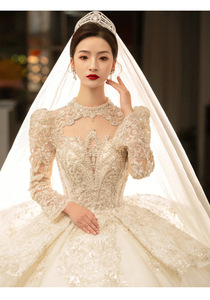 Gaun Pengantin Lengan Panjang Pengantin Baru Mewah Industri Berat Kereta Besar Gaun Pengantin Tekstur Senior - Product Image 3