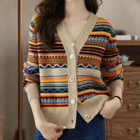 Cardigan tricoté vintage à rayures et col en V, polyvalent, amincissant et flatteur pour la silhouette, convient à tous.