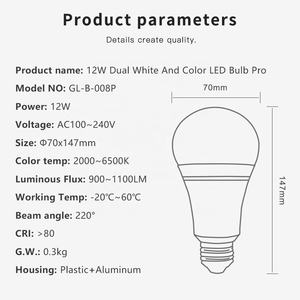 Gledopto-bombilla inteligente GL-B-008P ZigBee E27, 1000 lúmenes, sintonizador, ambiente blanco, 2000K-6500K, CRI80, ZigBee 3,0 Pro, GU10 - Product Image 2