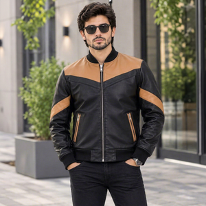 Chaqueta Bomber de Cuero PU para Hombre, Color Negro y Marrón, Estilo Motero, Cierre de Cremallera, Cuello Camisero, Corte Regular - Product Image 1